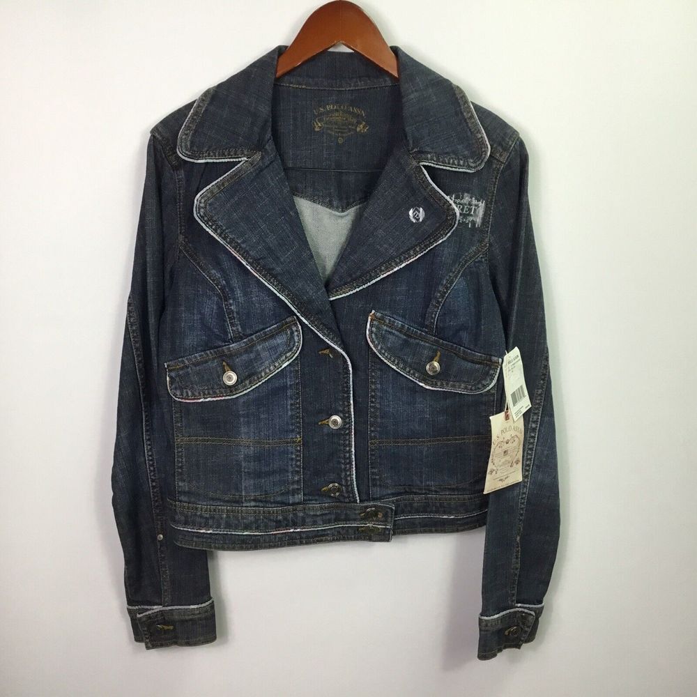 US Polo Assn stretch Jean Jacket Womens Size M blue denim purple stitching